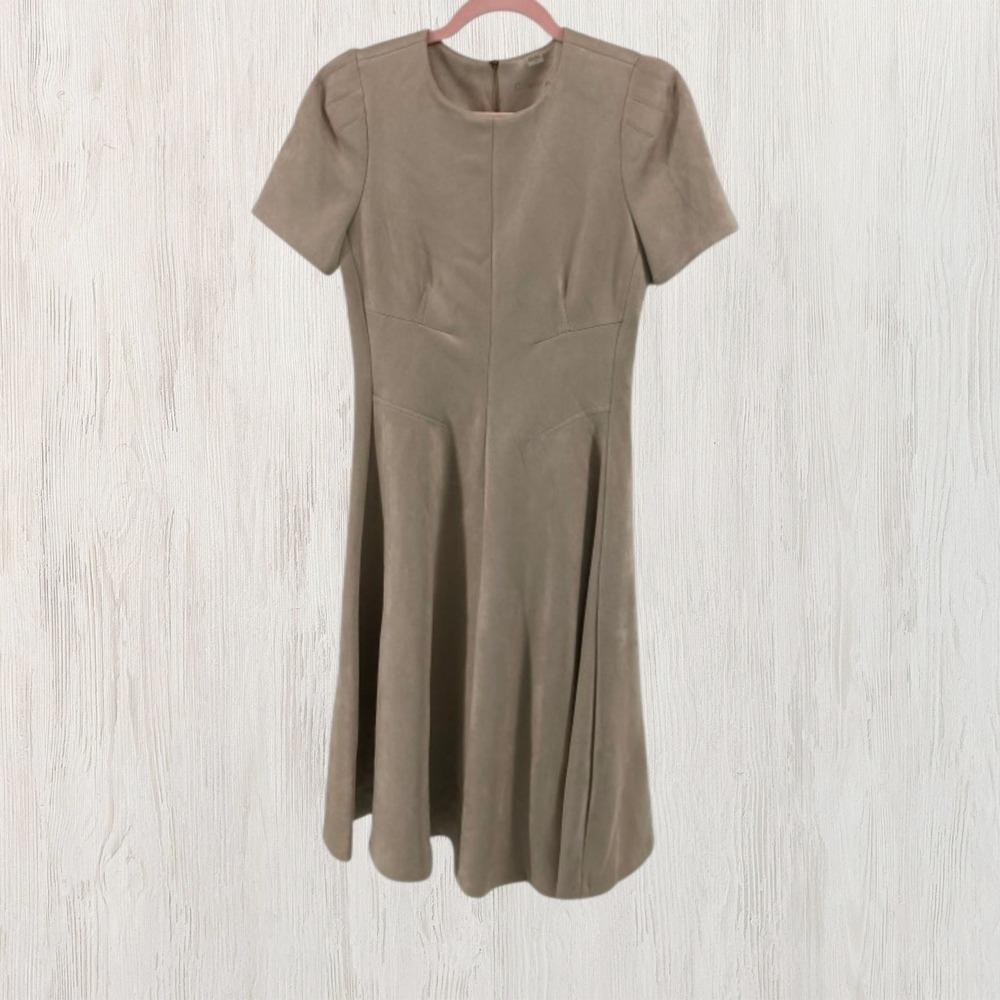 Calvin Klein Women 4 Faux Suede Fit Flare Dress Taupe Beige Office Chic Fall